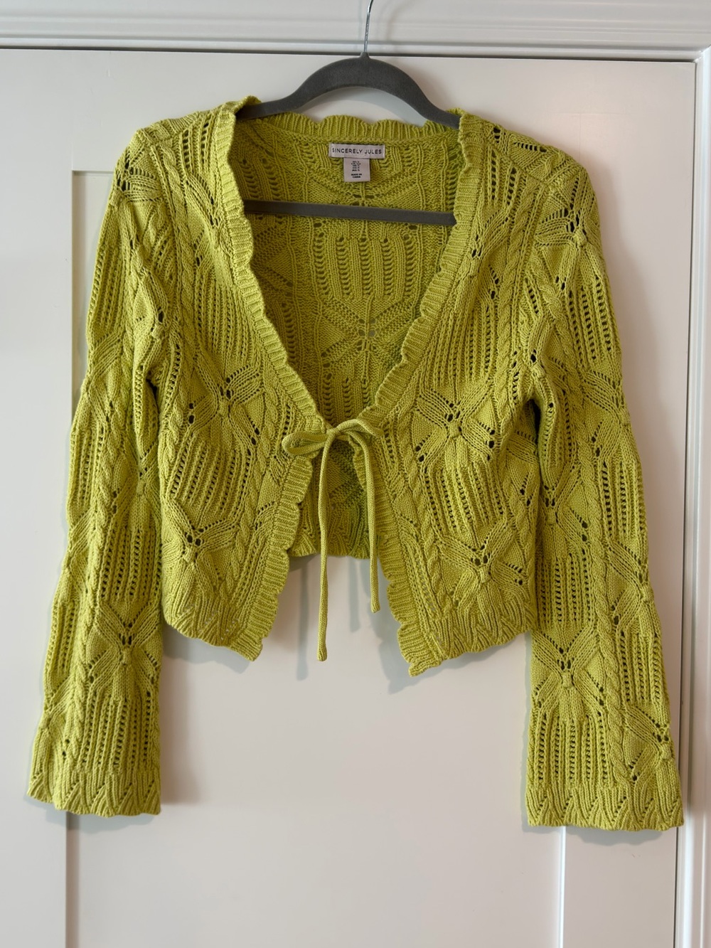 Sincerly Jules Lime Green Openwork Knit Tie-Front Cardigan